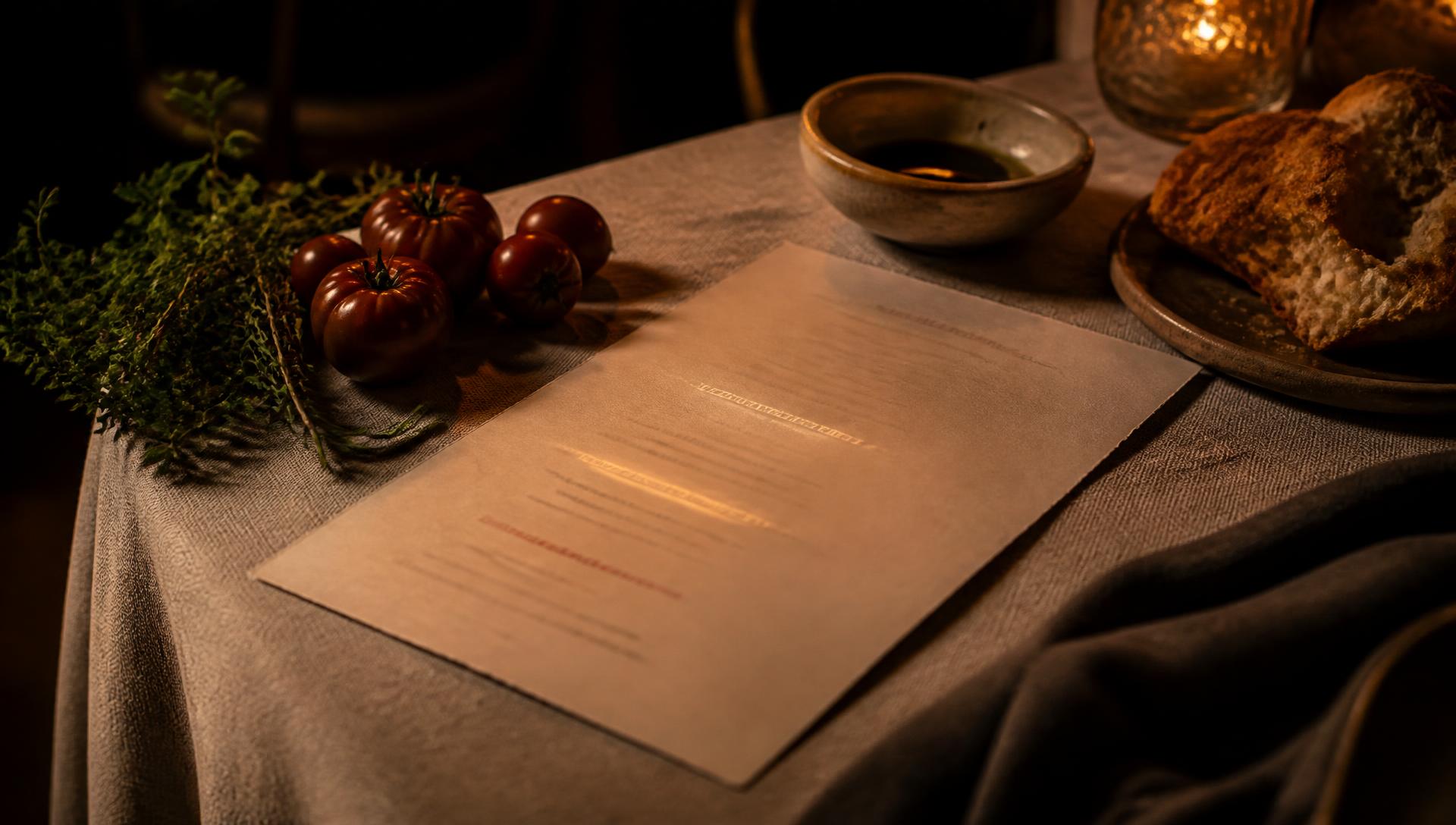 A restaurant menu beside fresh ingredients, with one dish highlighted for review.